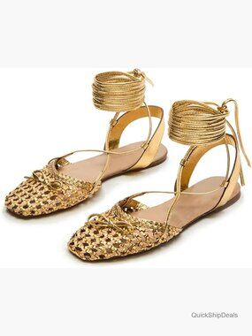 Lace Up Ballet Flats Sandals for Women Closed Square Toe Woven Strappy Flats